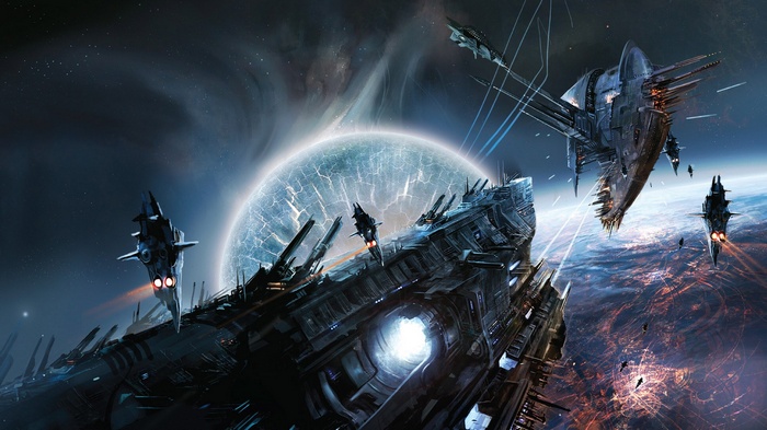 Spaceships orbiting a cracked planet in Lost Empire: Immortal artwork