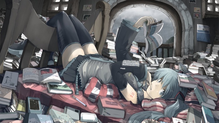 Hatsune Miku surrounded by books in a library