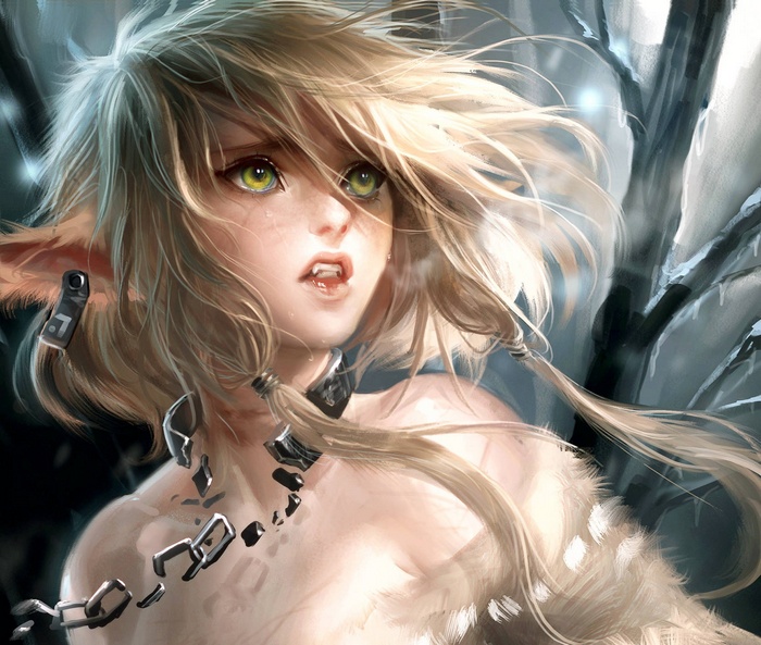 Anime fantasy girl with blonde hair and green eyes