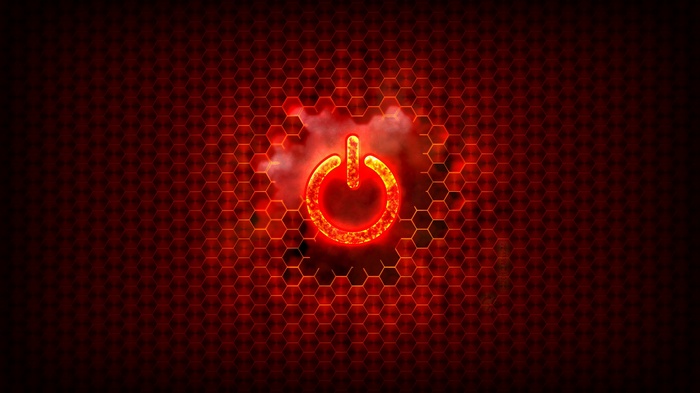 Red glowing power button on a hexagonal grid