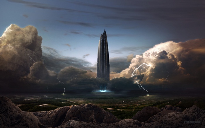 Futuristic tower amidst stormy clouds and lightning
