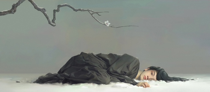Artwork of a person lying down under a branch