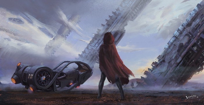 Science fiction artwork of a person and a vehicle