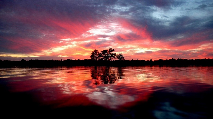 Sunset over a lake with silhouetted trees