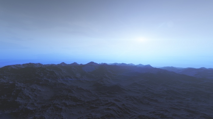 Digital art of a planet with mountains and a bright sky