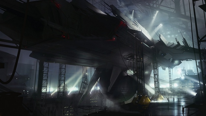 Spaceship in a futuristic hangar with spotlights