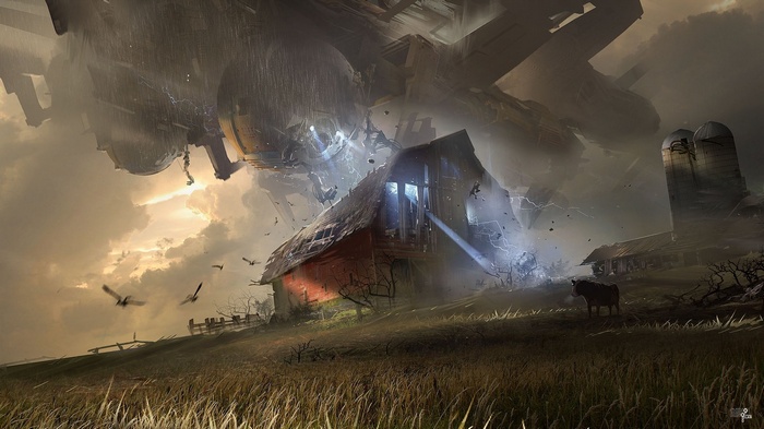 Futuristic spaceship crashes onto a farm during a storm