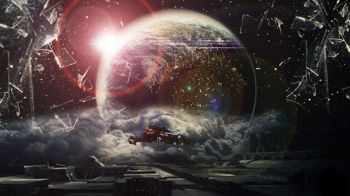 StarCraft Spaceship flying through clouds near a planet