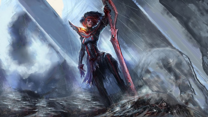 Ryuko Matoi with a giant sword in the rain
