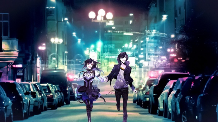 Anime couple running down a colorful city street at night