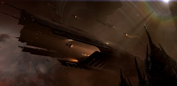 EVE Online Rifter spaceship battle in space