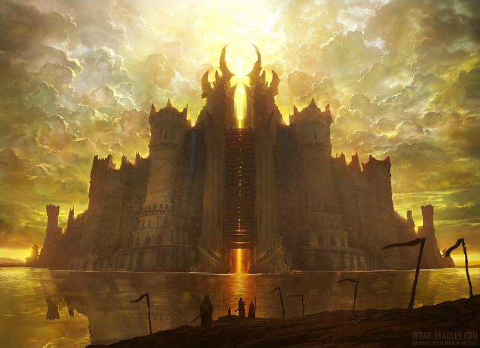 Fantasy castle with golden sky and figures