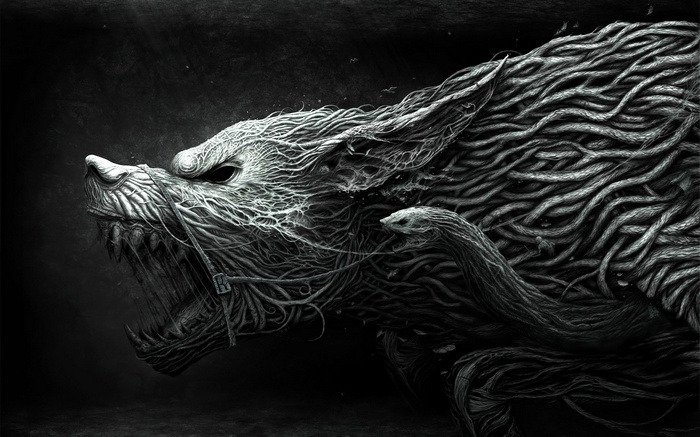 Monochrome digital art of a wolf made of roots