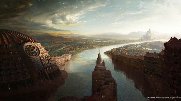 Fantasy city with river and grand architecture
