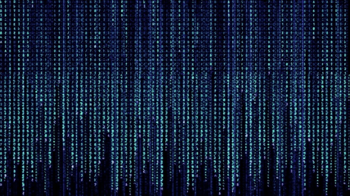The Matrix digital rain with blue and green characters