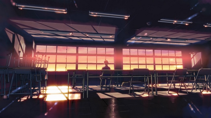 Anime classroom at sunset with a student alone
