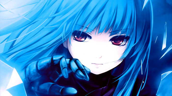 Anime girl with blue hair and red eyes