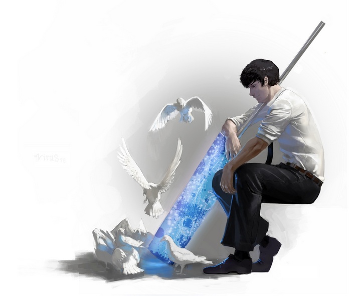 Koutarou Amon with Doves and a Glowing Object