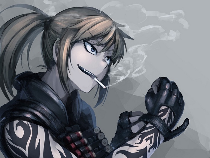 Anime girl with tattoos and gloves smoking
