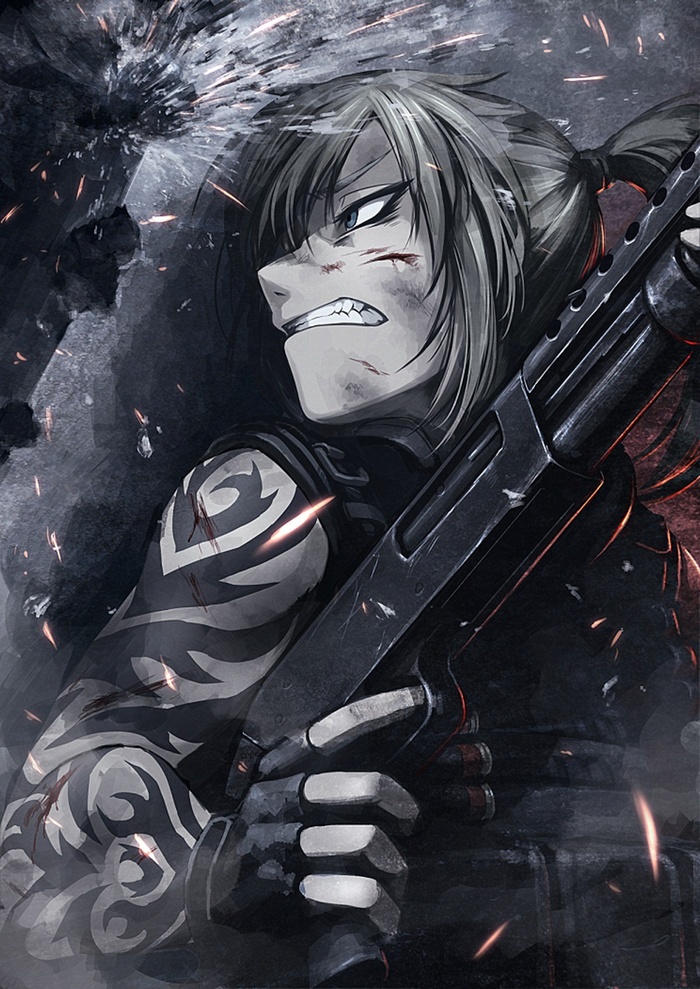 Hetza with a shotgun and tribal tattoos