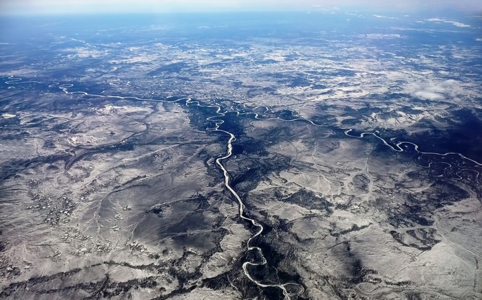 Aerial view of a winding river in Siberia, Russia