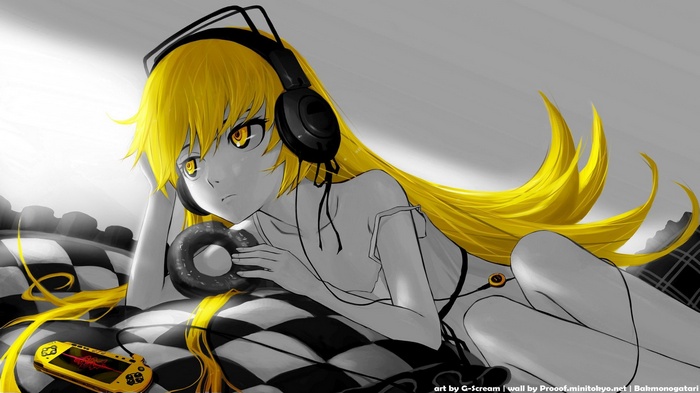Oshino Shinobu with Headphones and PSP