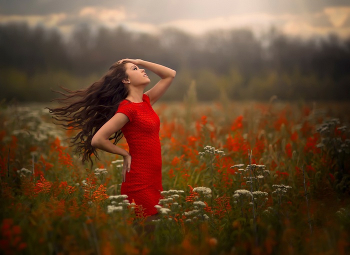 Woman in red dress in a field of flowers