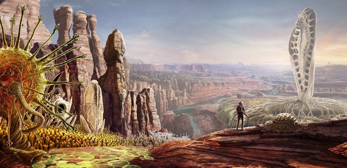 Alien planet landscape with strange flora and a lone astronaut