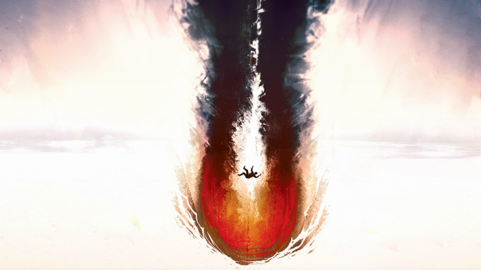 Abstract artwork of a person falling into a fiery abyss