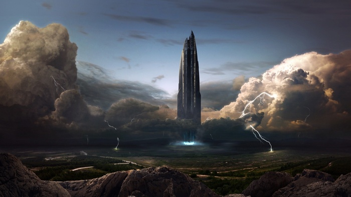Futuristic tower in a stormy landscape with lightning