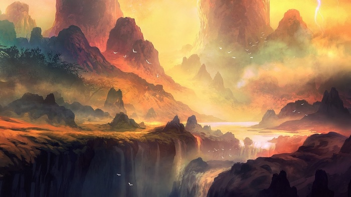 Fantasy landscape with mountains and waterfalls