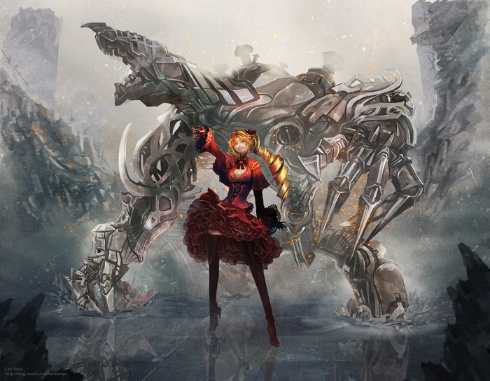 Girl in red dress with a large robot
