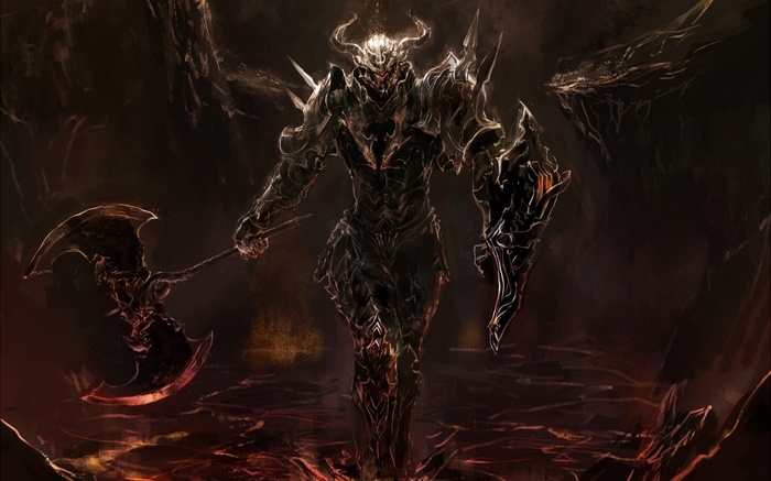 Dark fantasy warrior with axe and shield in lava