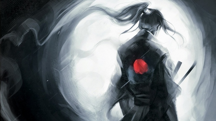 Samurai warrior with red circle on back
