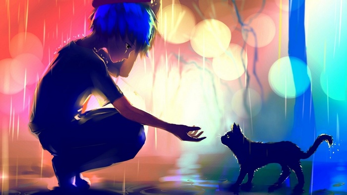 Anime boy and black cat in the rain
