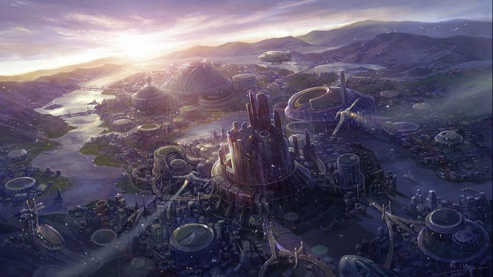 Futuristic city with advanced architecture and airships