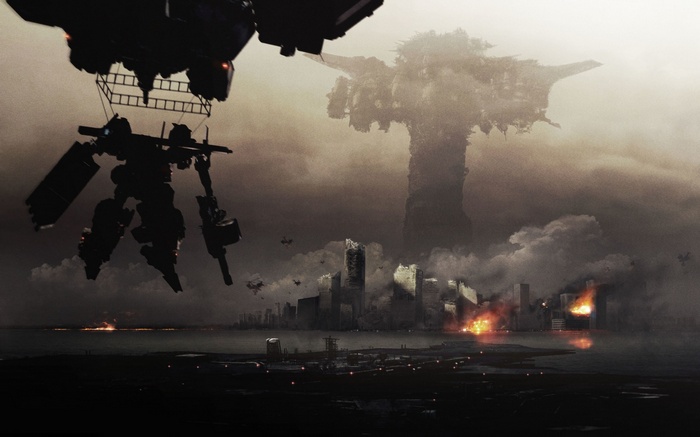 Armored Core: Verdict Day mech over a destroyed city