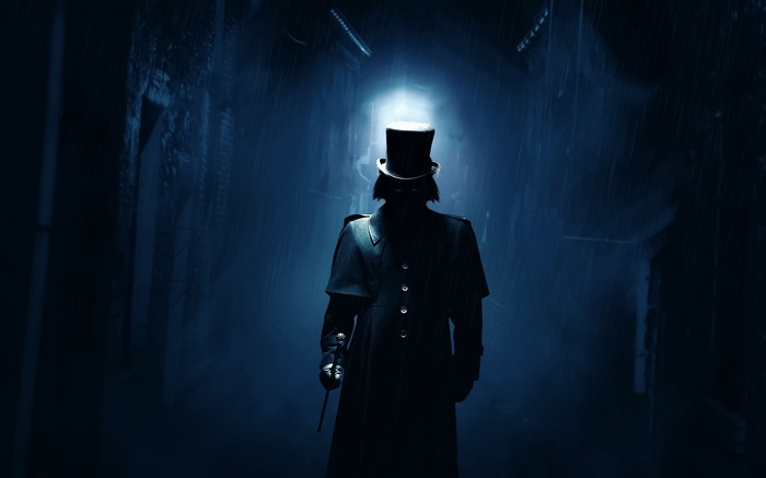 A figure in a top hat and trench coat in a dark alley