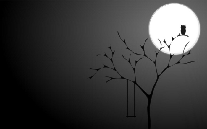 Minimalist night scene with owl on a tree branch