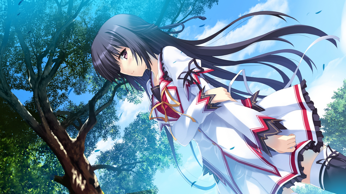 Anime girl with black hair in a white outfit