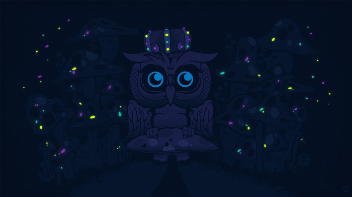 Owl wearing a crown among glowing mushrooms