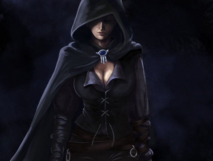 Fantasy art of a hooded woman