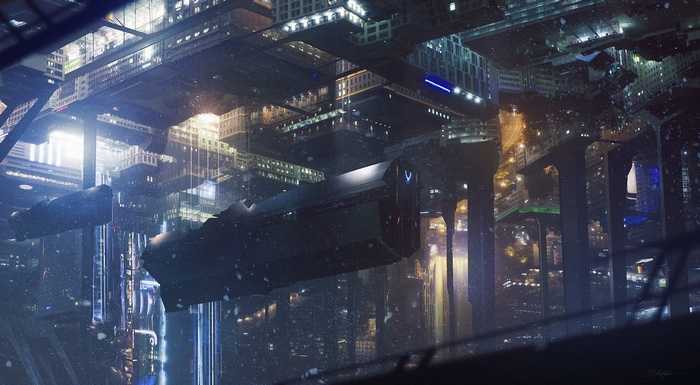 Science fiction city with a spaceship