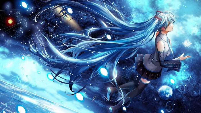Hatsune Miku in a blue, abstract, digital world