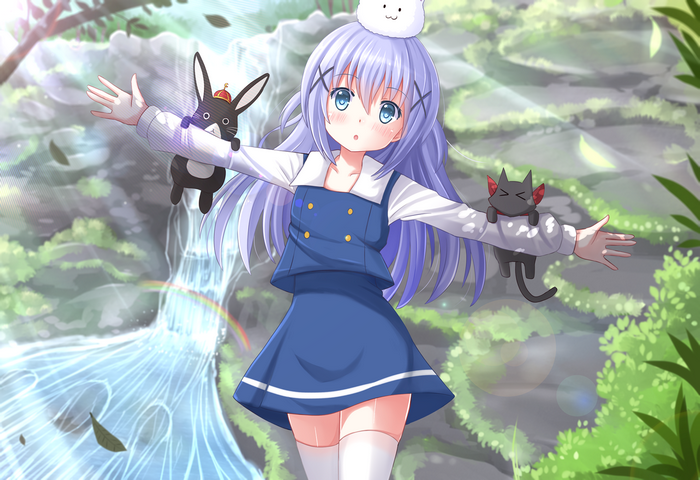 Kafuu Chino with a rabbit and cat in a forest