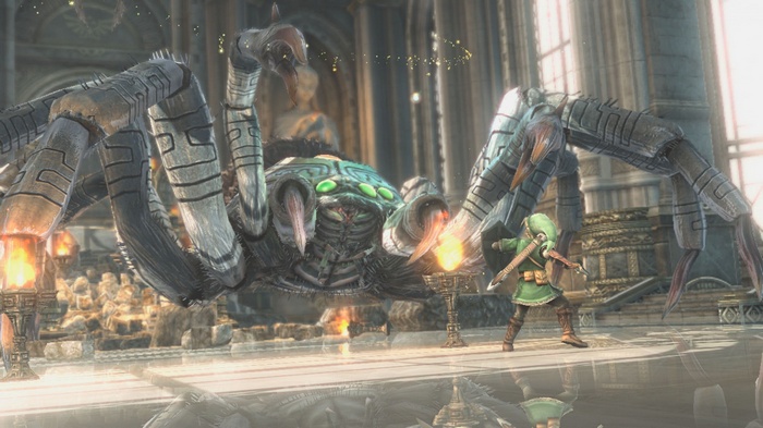 Link fights a giant spider in The Legend of Zelda