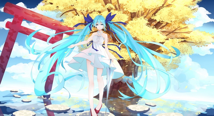 Hatsune Miku in a white dress under a torii gate