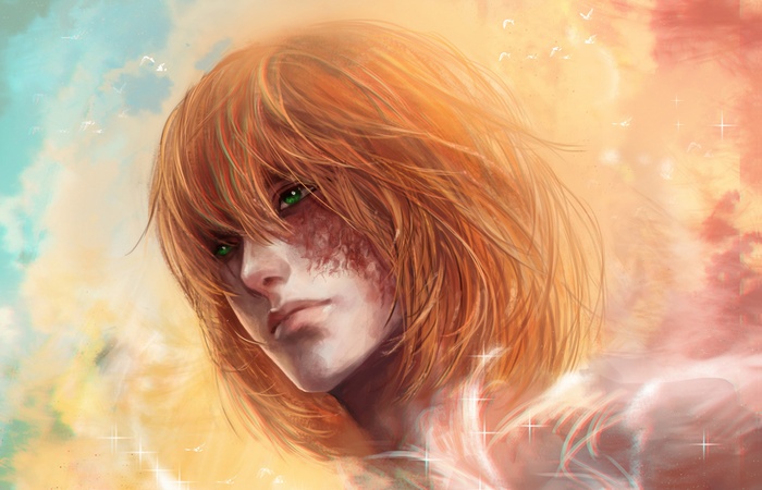 Anime boy with orange hair and green eyes