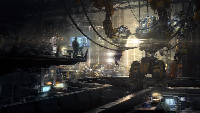 Science fiction artwork of a giant robot in a workshop