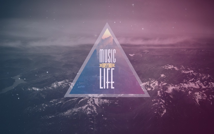 Triangle with "Music is Life" text over landscape